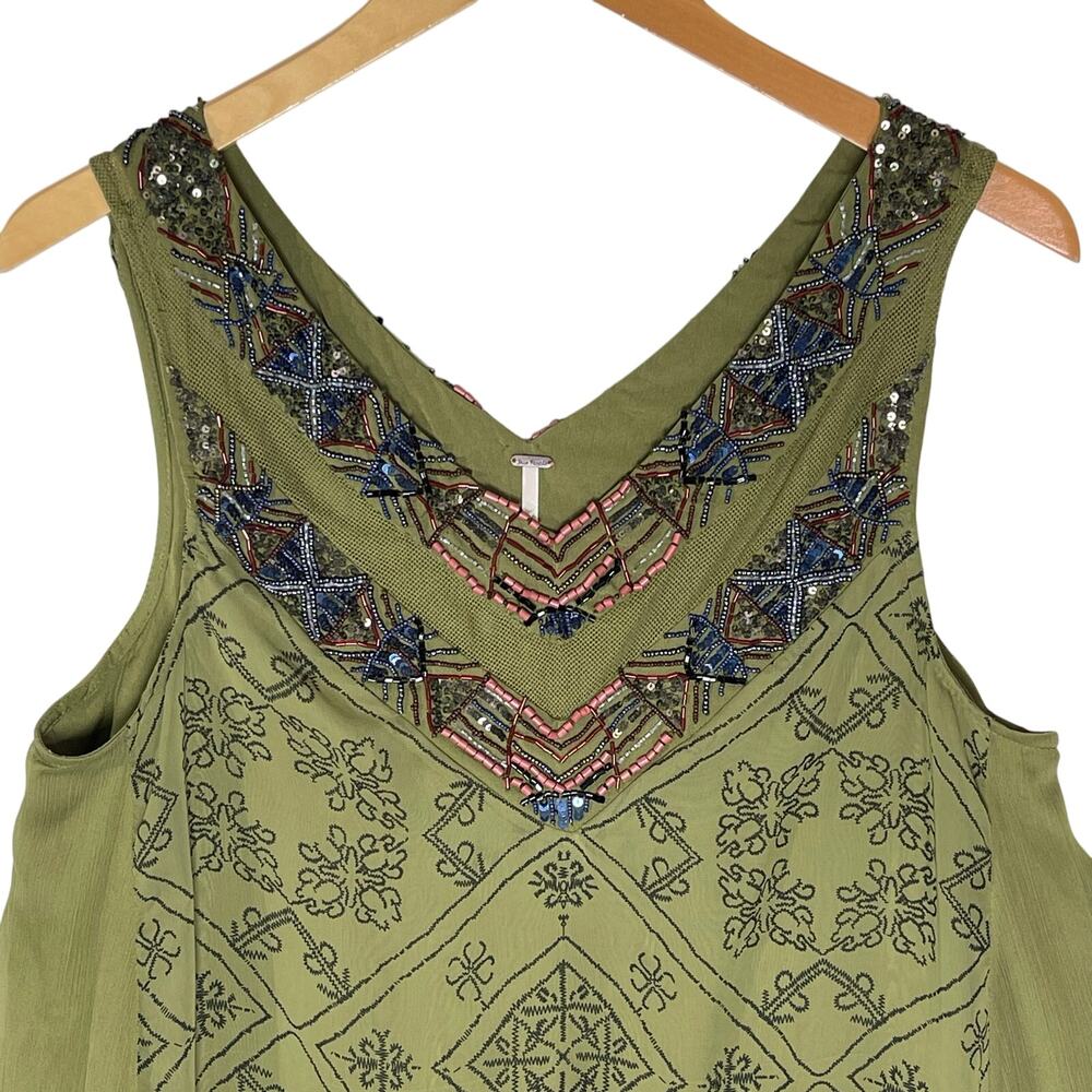 FREE PEOPLE Women’s Ancient Mystery Beaded Green Geo Print Swing Dress - Picture 4 of 8